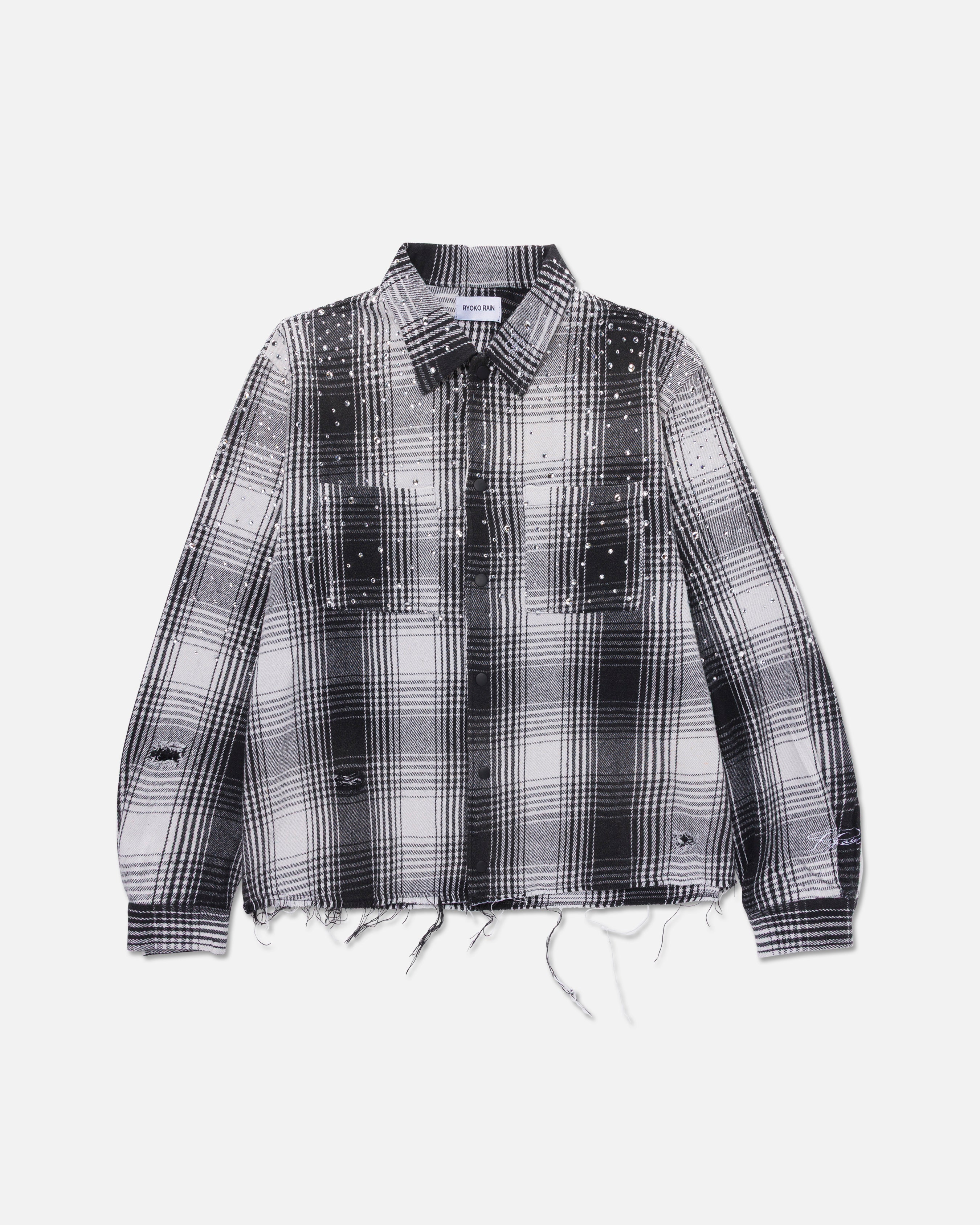 DISTRESSED PLAID RHINESTONE FLANNEL - BLACK/WHITE – Ryoko Rain