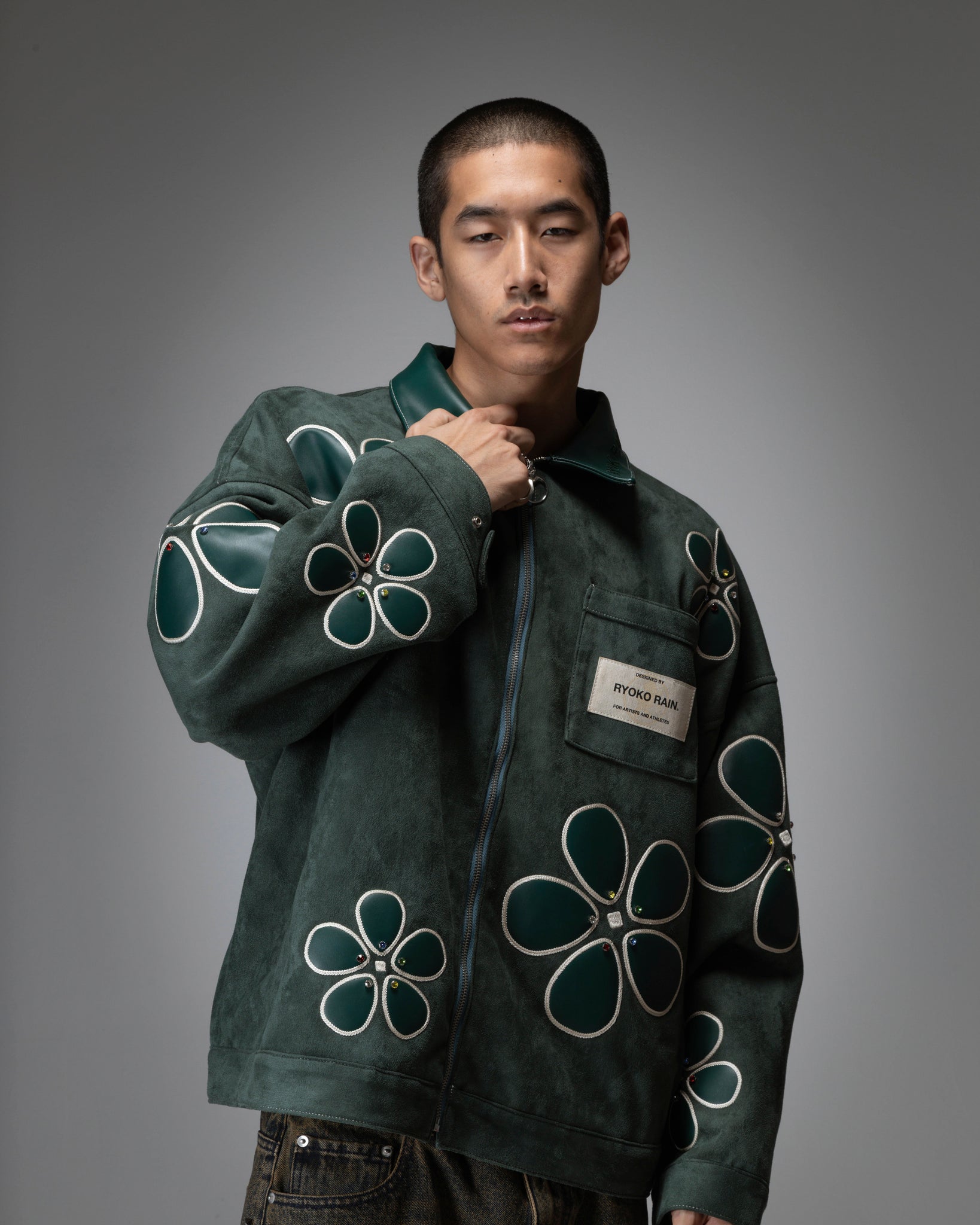 FLORAL SUEDE WORK JACKET- GREEN – Ryoko Rain