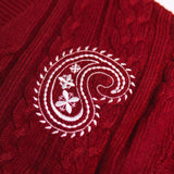 Close-up photo - Ryoko Rain maroon cable-knit cardigan with paisley embroidery