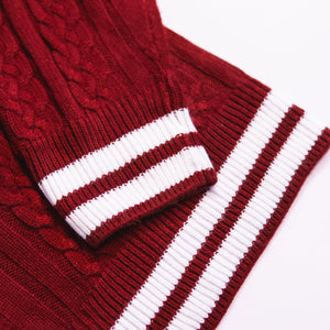 Ryoko Rain maroon cable-knit cardigan with bottom hem white ribbing
