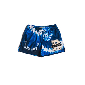 JLaw Runs / Jordan Lawley blue tie-dye basketball shorts with "JLaw Runs" Screen print and cream R chenille patch
