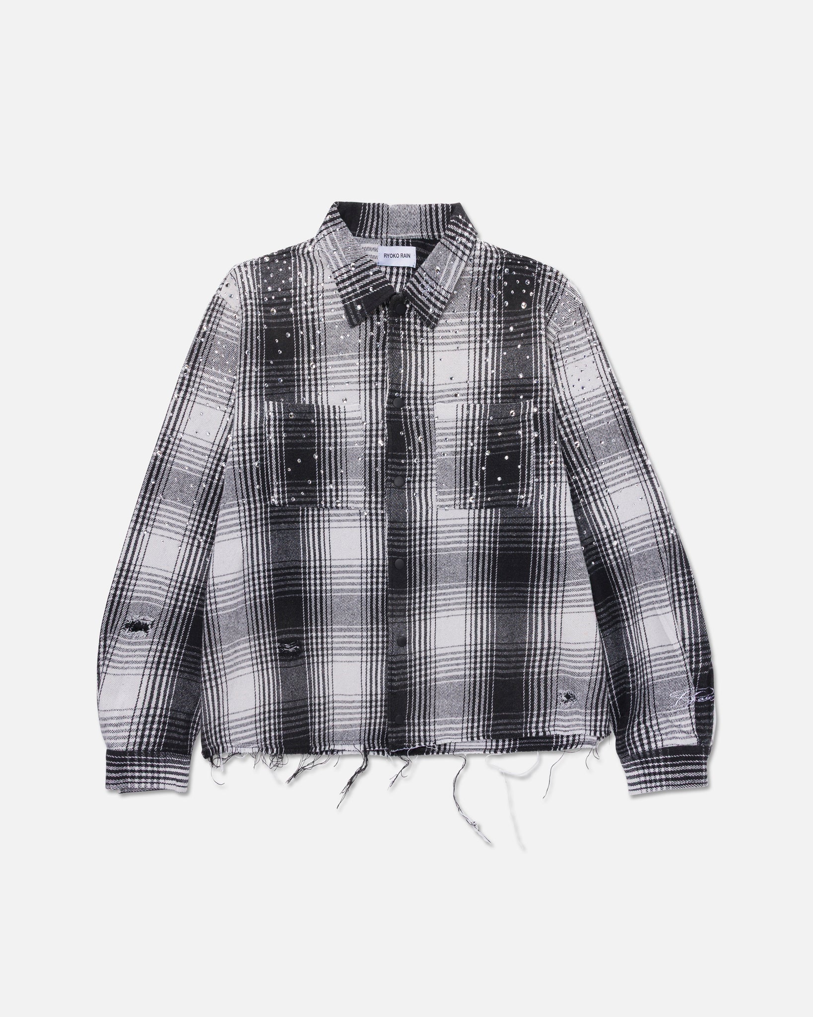 DISTRESSED PLAID RHINESTONE FLANNEL - BLACK/WHITE – Ryoko Rain