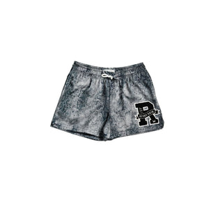Youth Ryko Rain Mamba Shadow basketball shorts with dark grey snakeskin pattern and black R patch