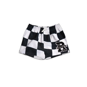 Youth black and white checkered basketball shorts with black chenille R patch